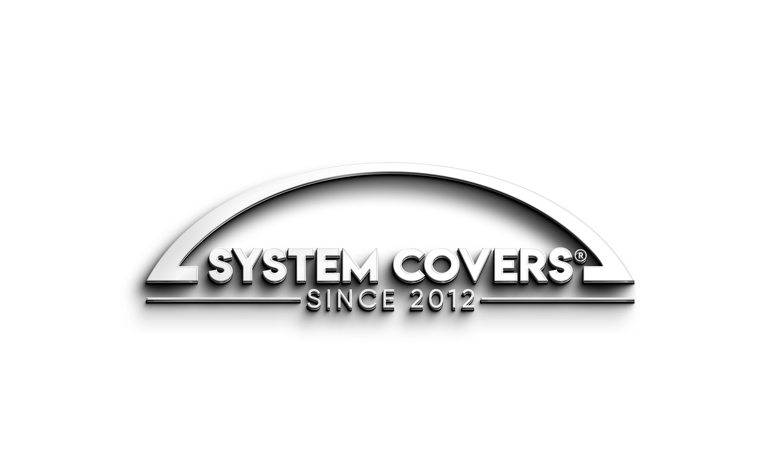 Logo System Covers z białym napisem i łukowatym kształtem na czarnym tle.